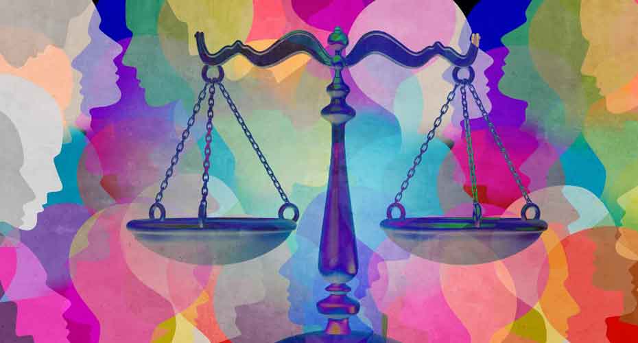 graphic of justice scales with a colourful background of talking heads